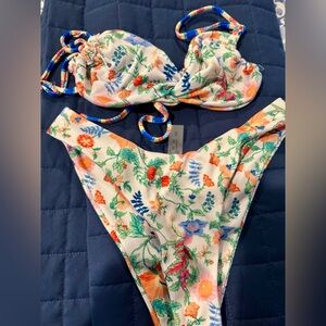 SHEIN Orange and White Bikini with Floral Print and High-Cut Design NWT